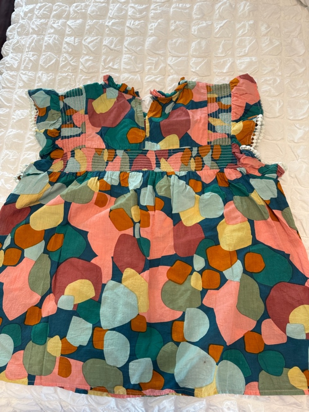 THML Multicolor Abstract Smocked Dress in Teal, Pink & Mustard - Picture 4 of 6